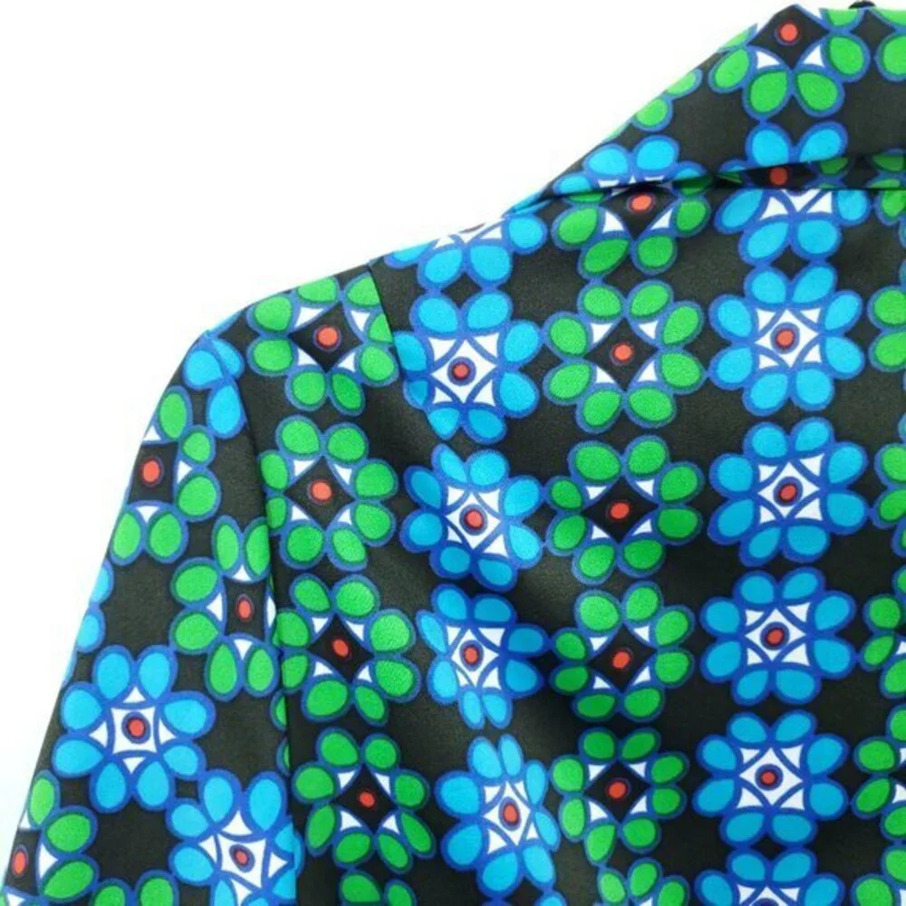 VTG Lanvin Spread Collar Patterned Self-Belt Shirt Dress M/L Blue/Green Print